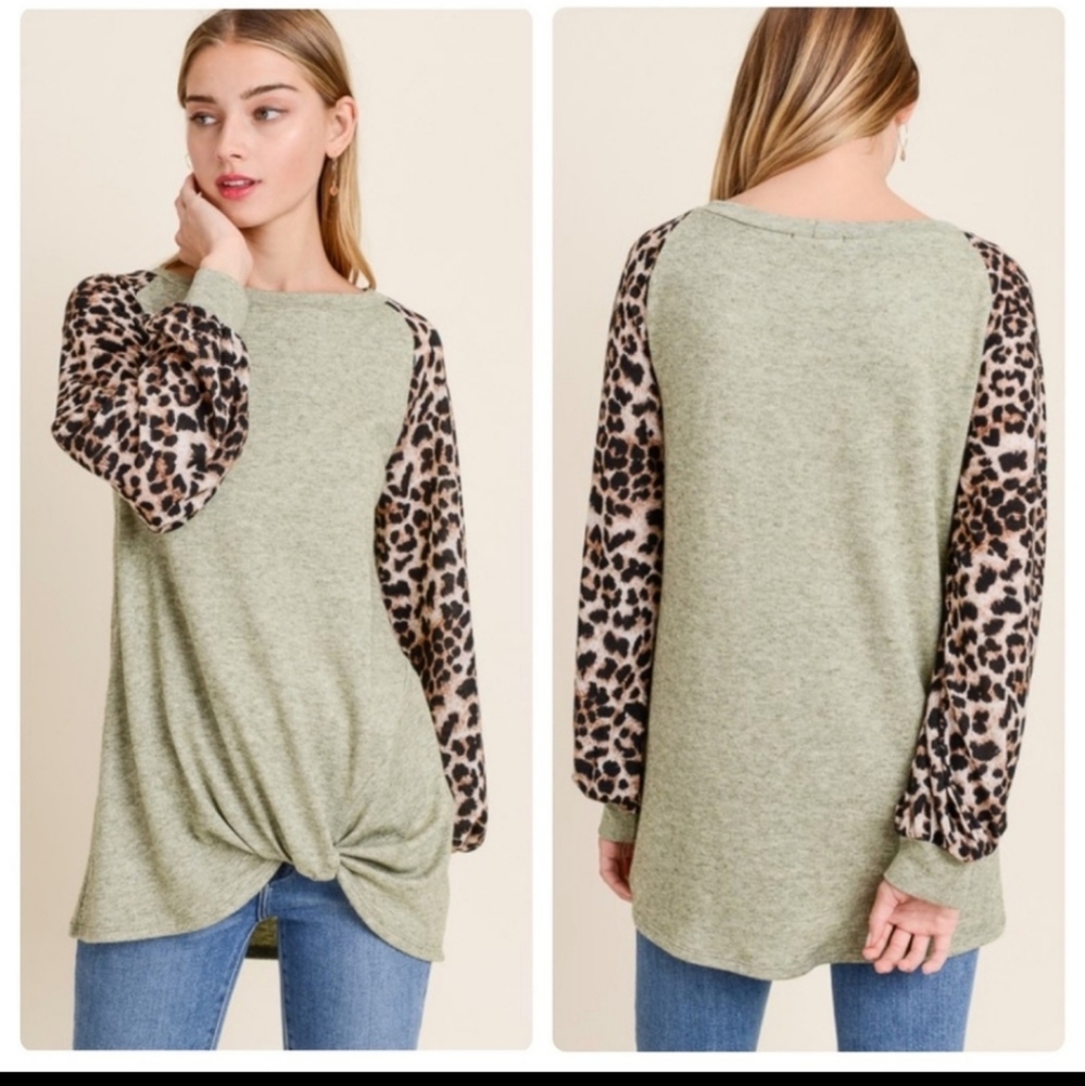 Sage Leopard sleeve top